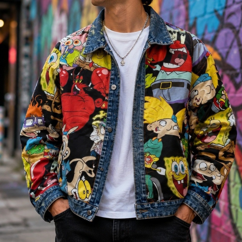 Members Only Reversible Denim Jacket Cartoon Print Vintage Style Mens Large